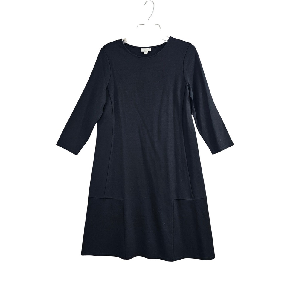 J. Jill Ponte Dress Womens Small Black Solid 3/4 Sleeve Pockets Shift A-Line EUC